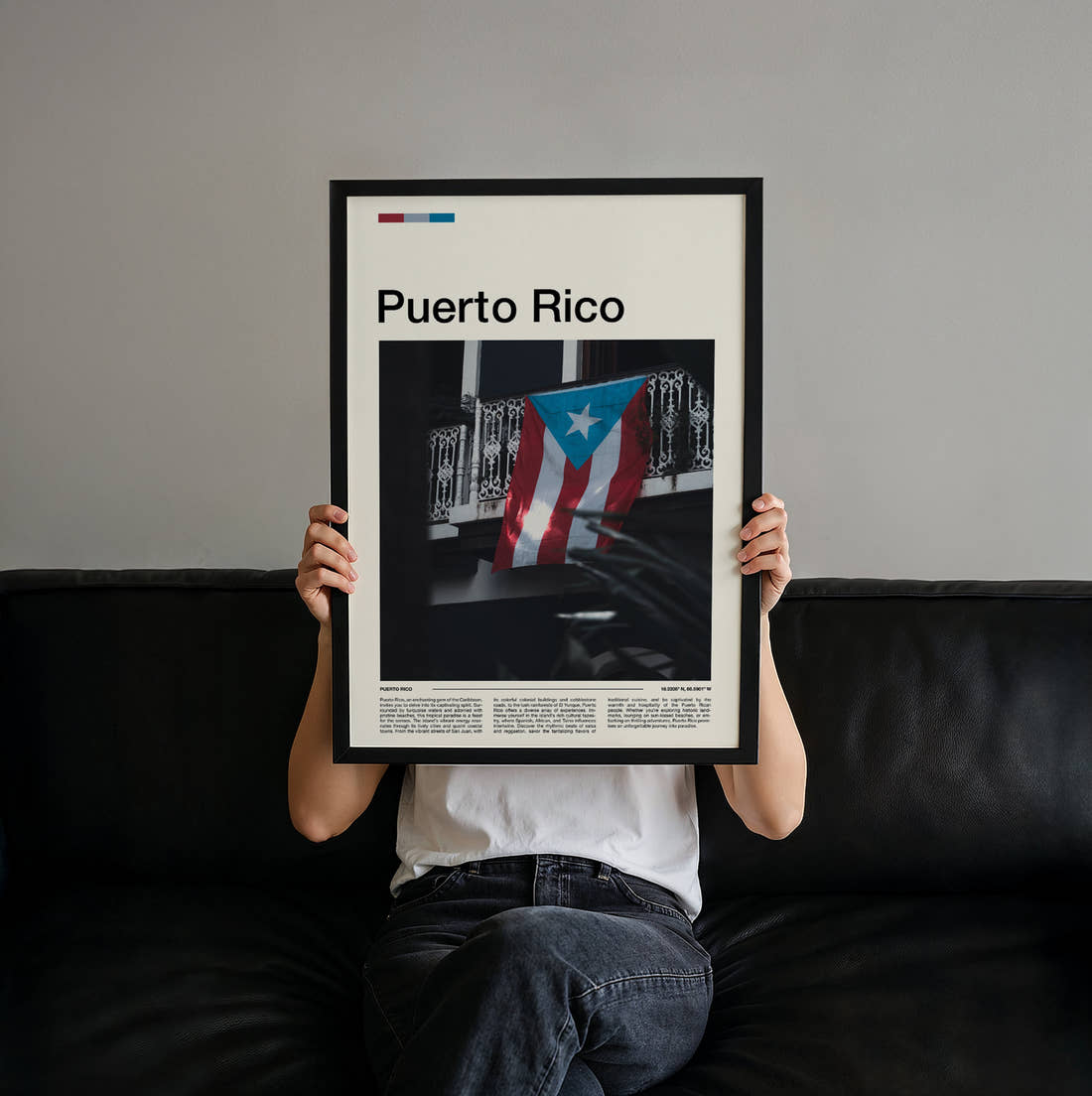Puerto Rico Flag On Balcony Travel Print held up by hand to show the size of the print