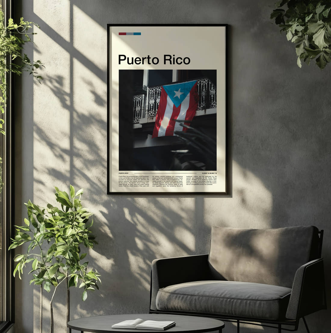 Puerto Rico Flag On Balcony Travel Print framed on the wall of a relaxed living room
