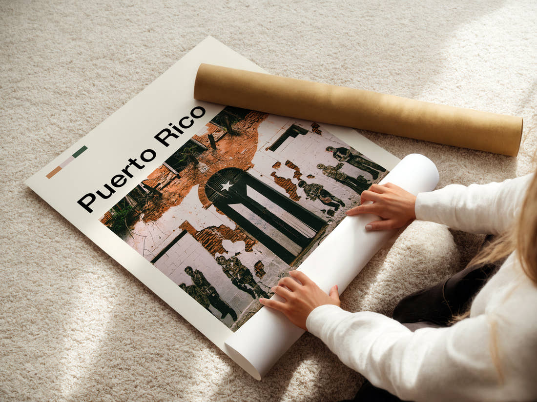 Puerto Rico Flag Mural Travel Print being unrolled from its postal tube
