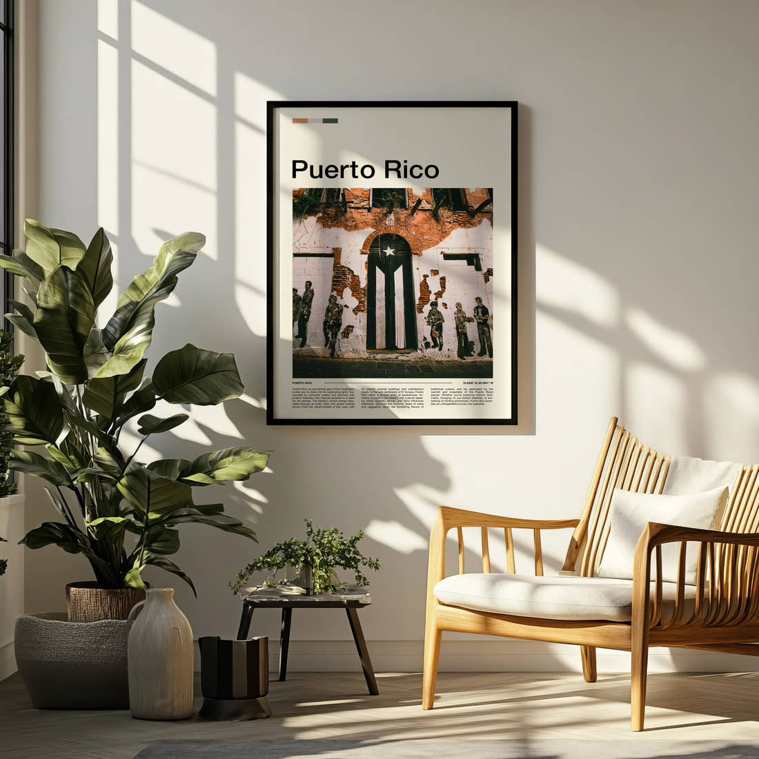 Puerto Rico Flag Mural Travel Print framed on a pale wall beside houseplants