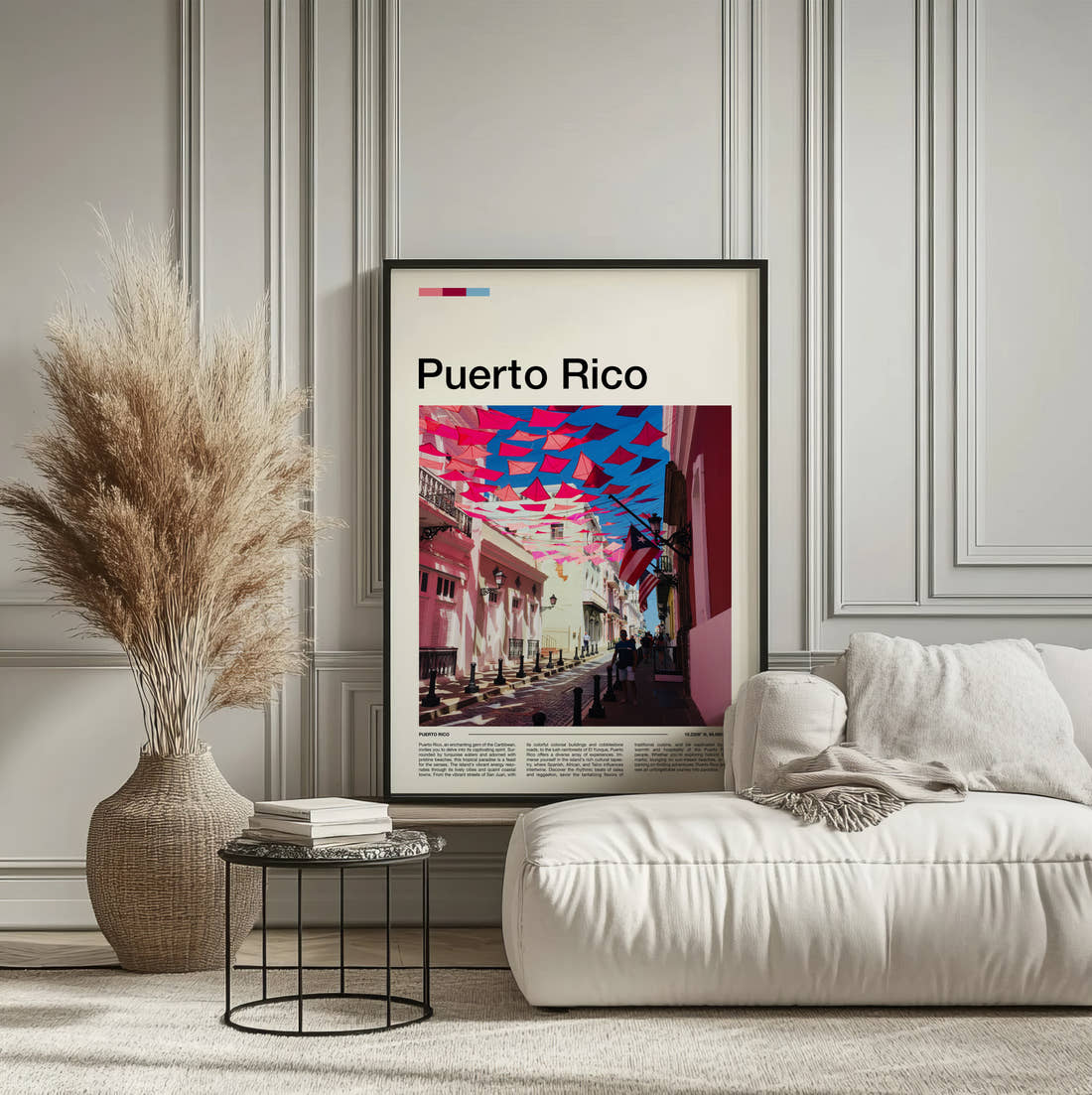 Puerto Rico Pink Street With Bunting Travel Print framed on the wall of a calm, neutral bedroom