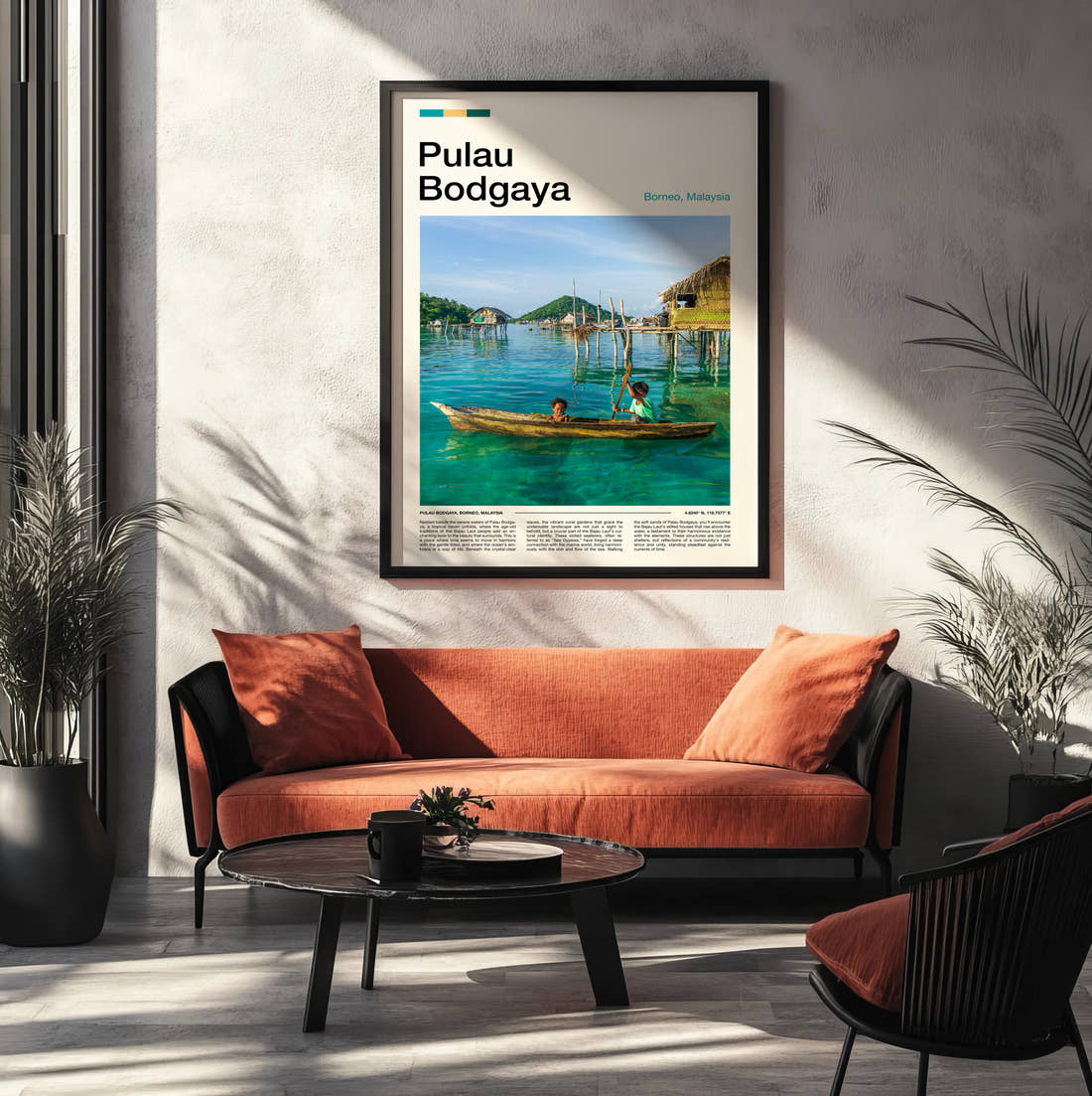 Pulau Stilt Houses Over Water Travel Print framed on the wall of a modern living room