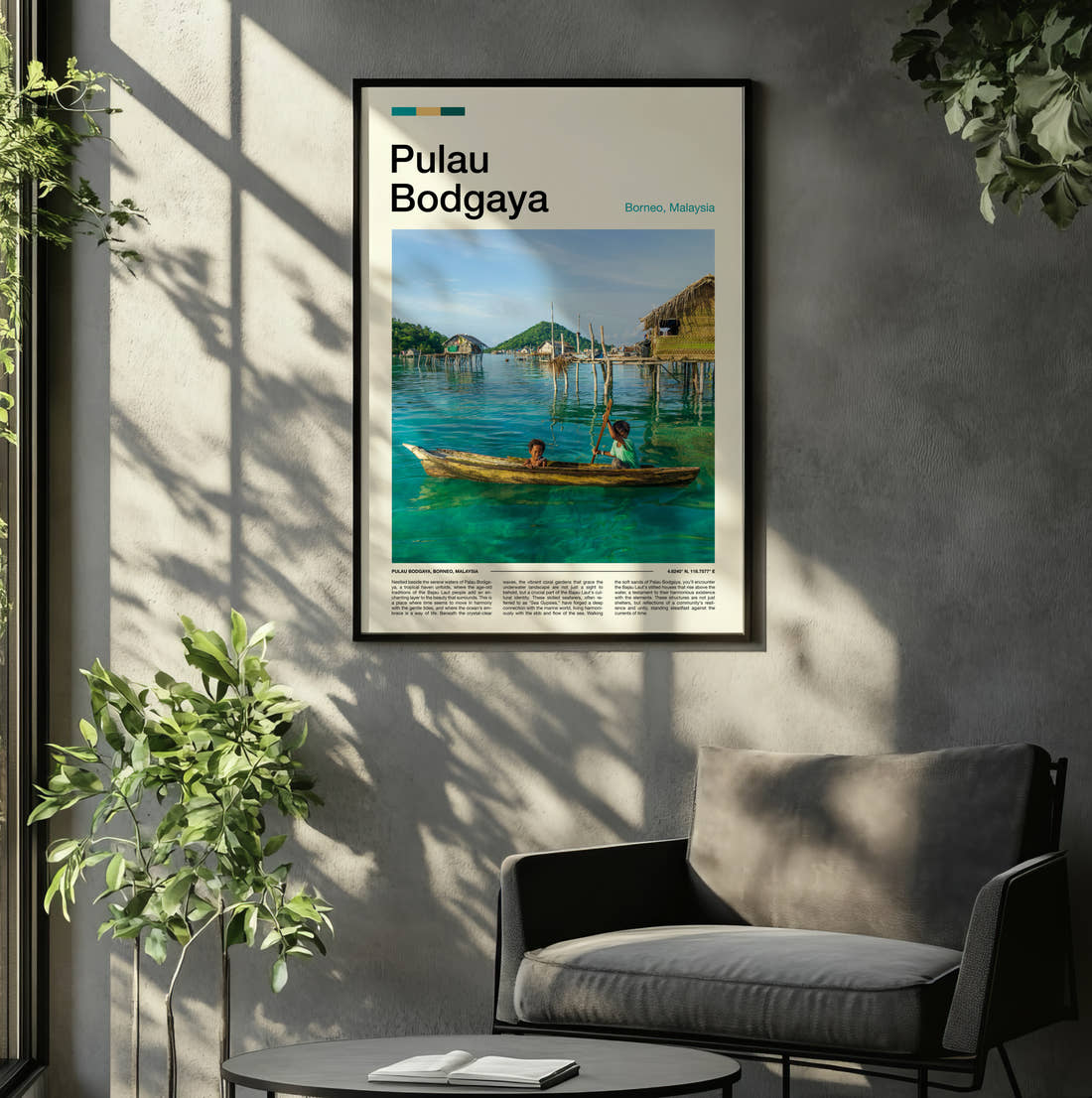 Pulau Stilt Houses Over Water Travel Print framed on the wall of a relaxed living room