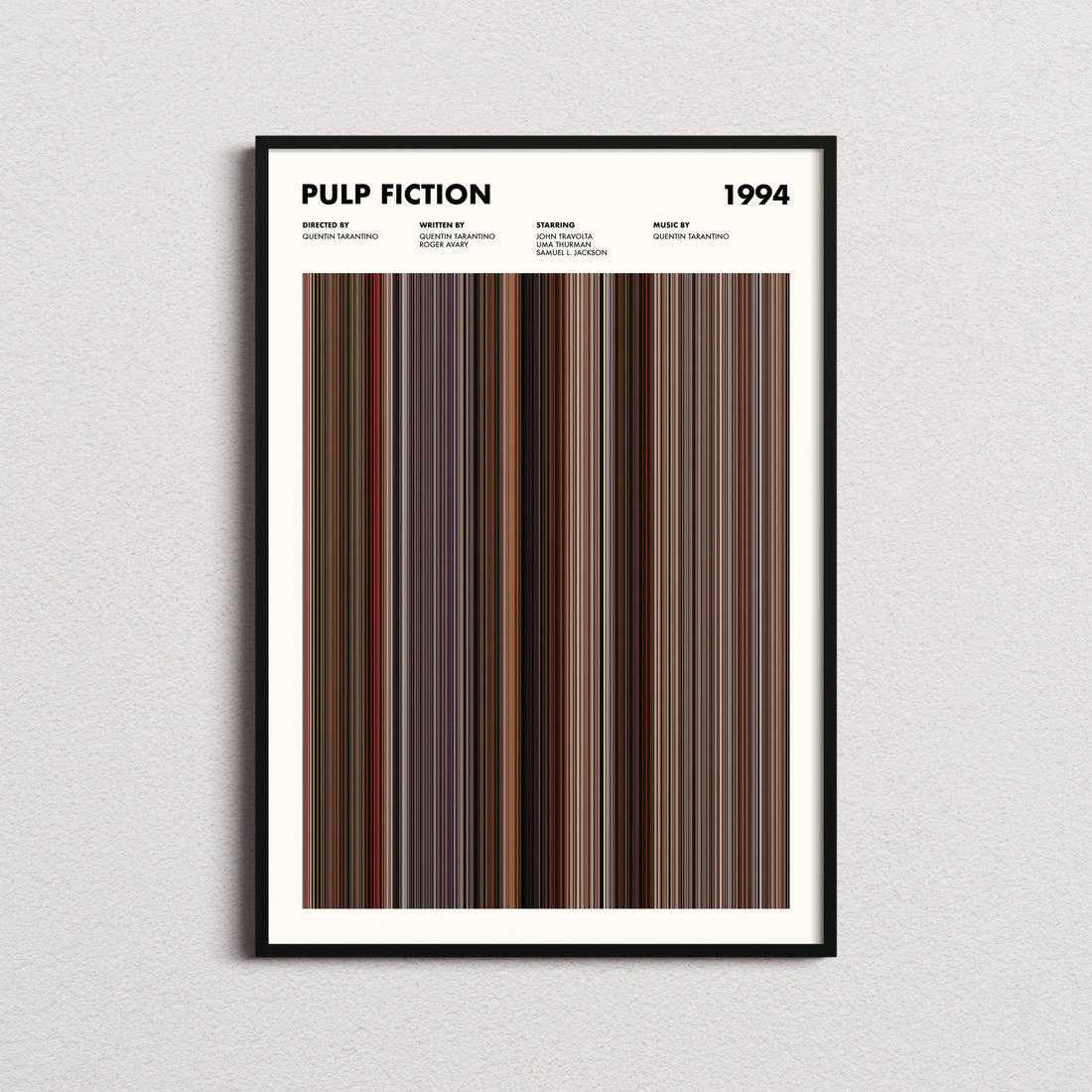 Pulp Fiction Movie Barcode Poster framed on a plain studio wall