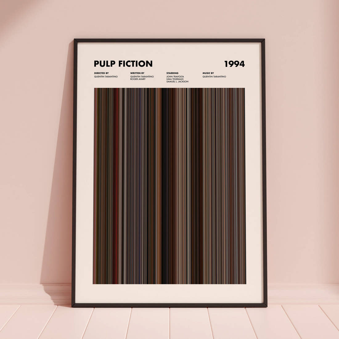 Pulp Fiction Movie Barcode Poster framed and leaning against a coloured wall