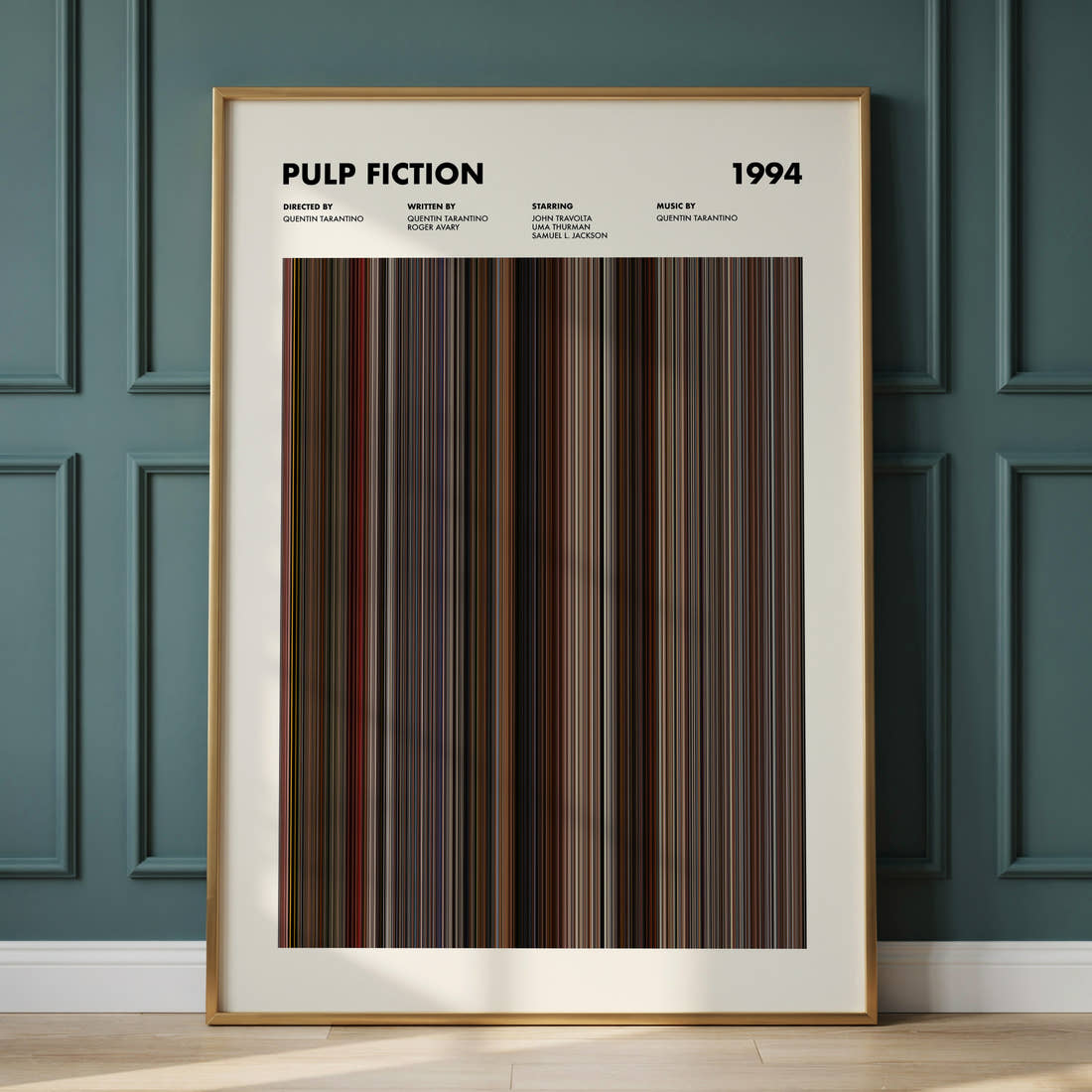 Pulp Fiction Movie Barcode Poster framed and leaning against a panelled wall