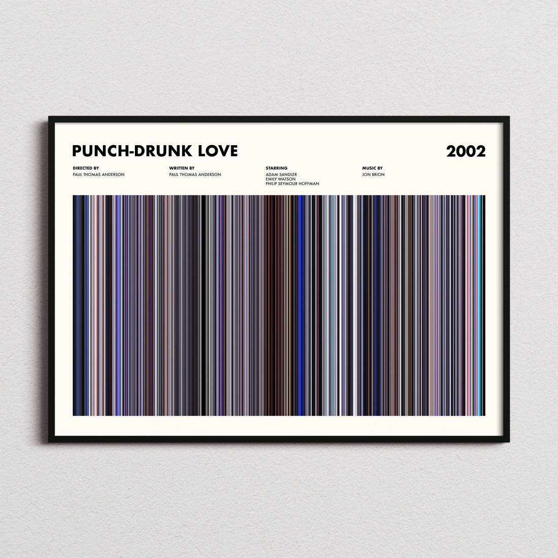 Punch-Drunk Love Movie Barcode Poster framed and photographed straight on