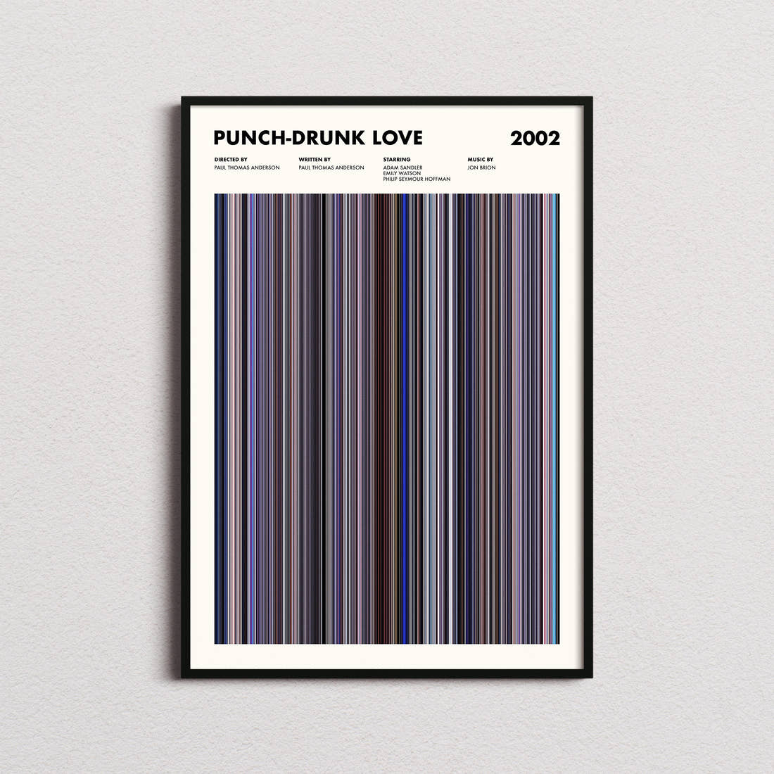 Punch-Drunk Love Movie Barcode Poster framed on a plain studio wall