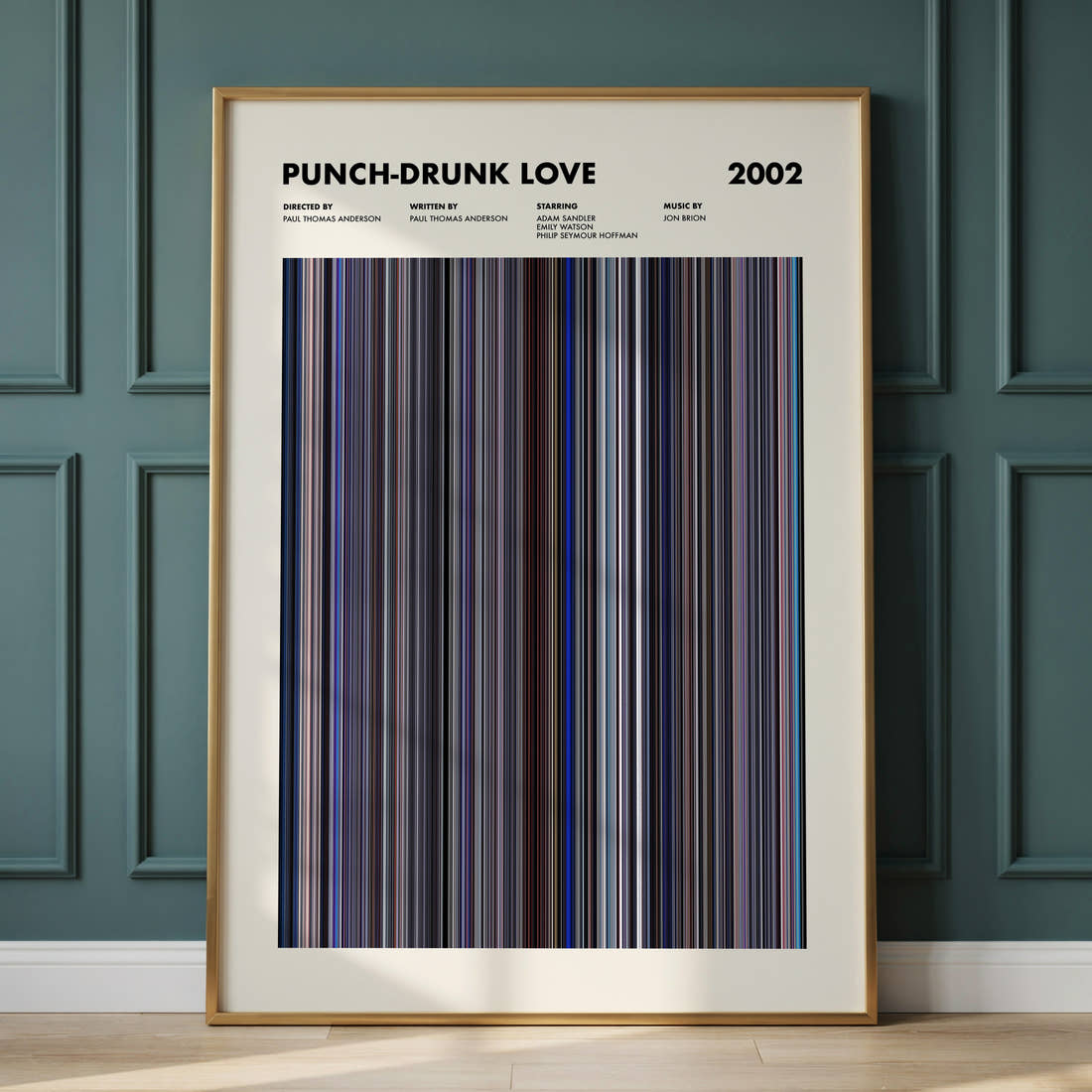 Punch-Drunk Love Movie Barcode Poster framed and leaning against a panelled wall