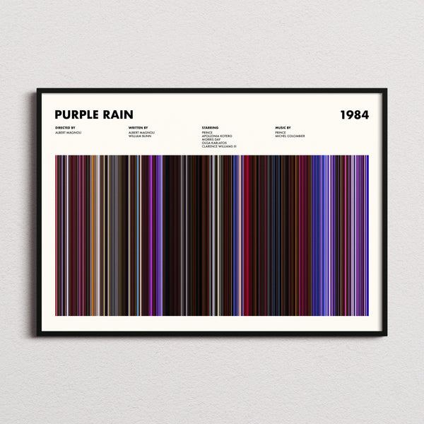 Purple Rain Movie Barcode Poster framed and photographed straight on