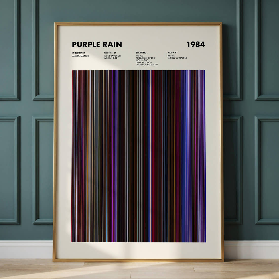 Purple Rain Movie Barcode Poster framed and leaning against a panelled wall