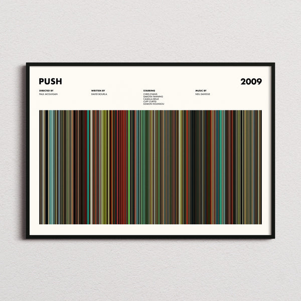Push Movie Barcode Poster framed and photographed straight on