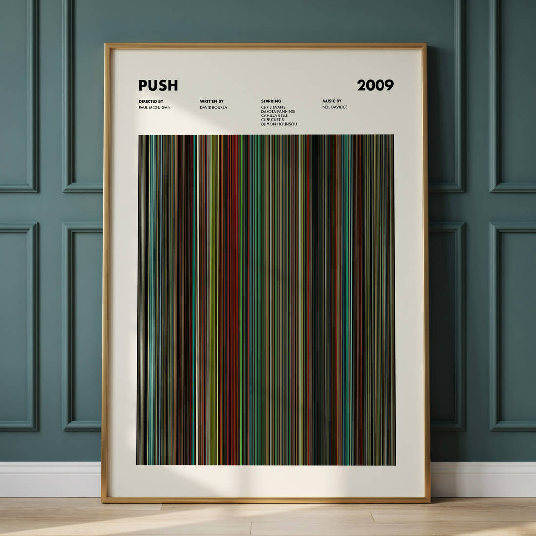 Push Movie Barcode Poster framed and leaning against a panelled wall