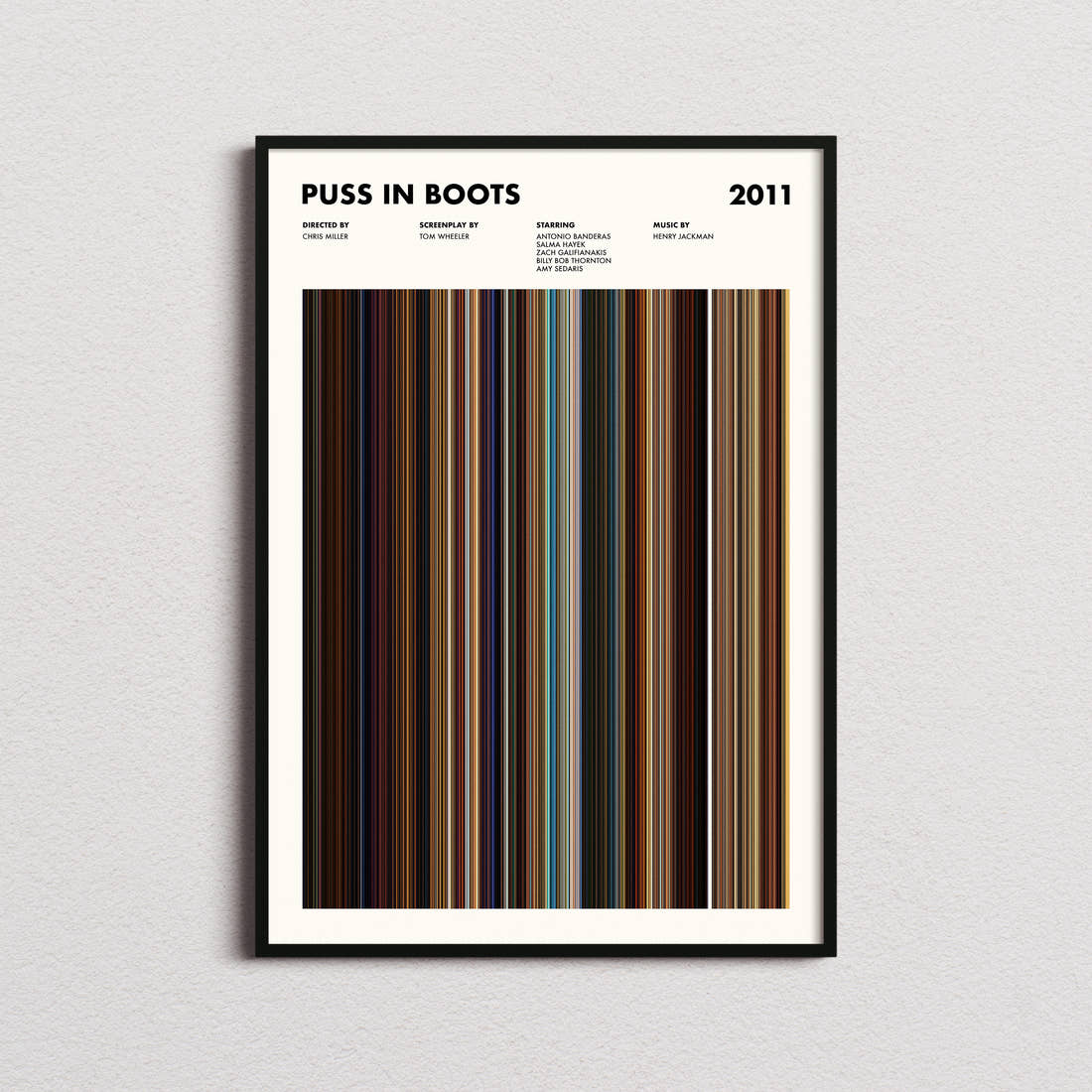 Puss in Boots Movie Barcode Poster framed on a plain studio wall