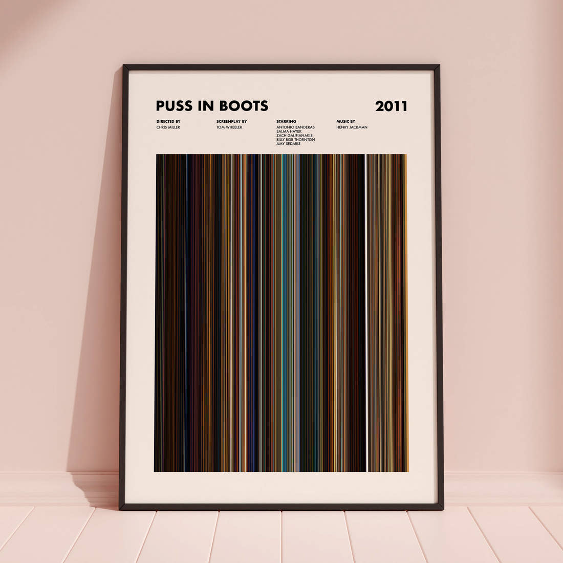 Puss in Boots Movie Barcode Poster framed and leaning against a coloured wall