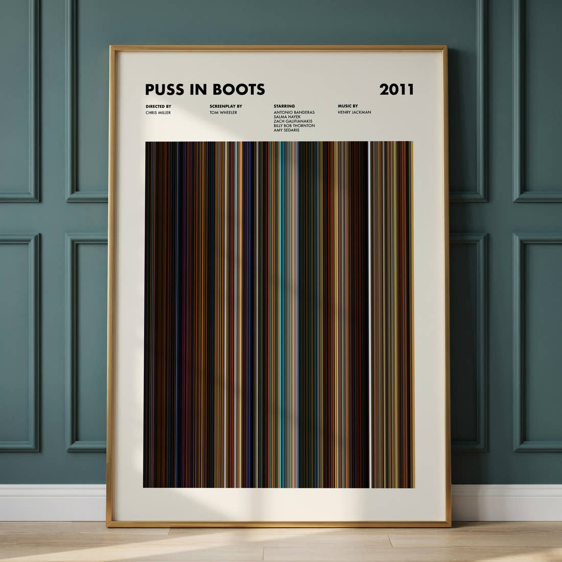 Puss in Boots Movie Barcode Poster framed and leaning against a panelled wall