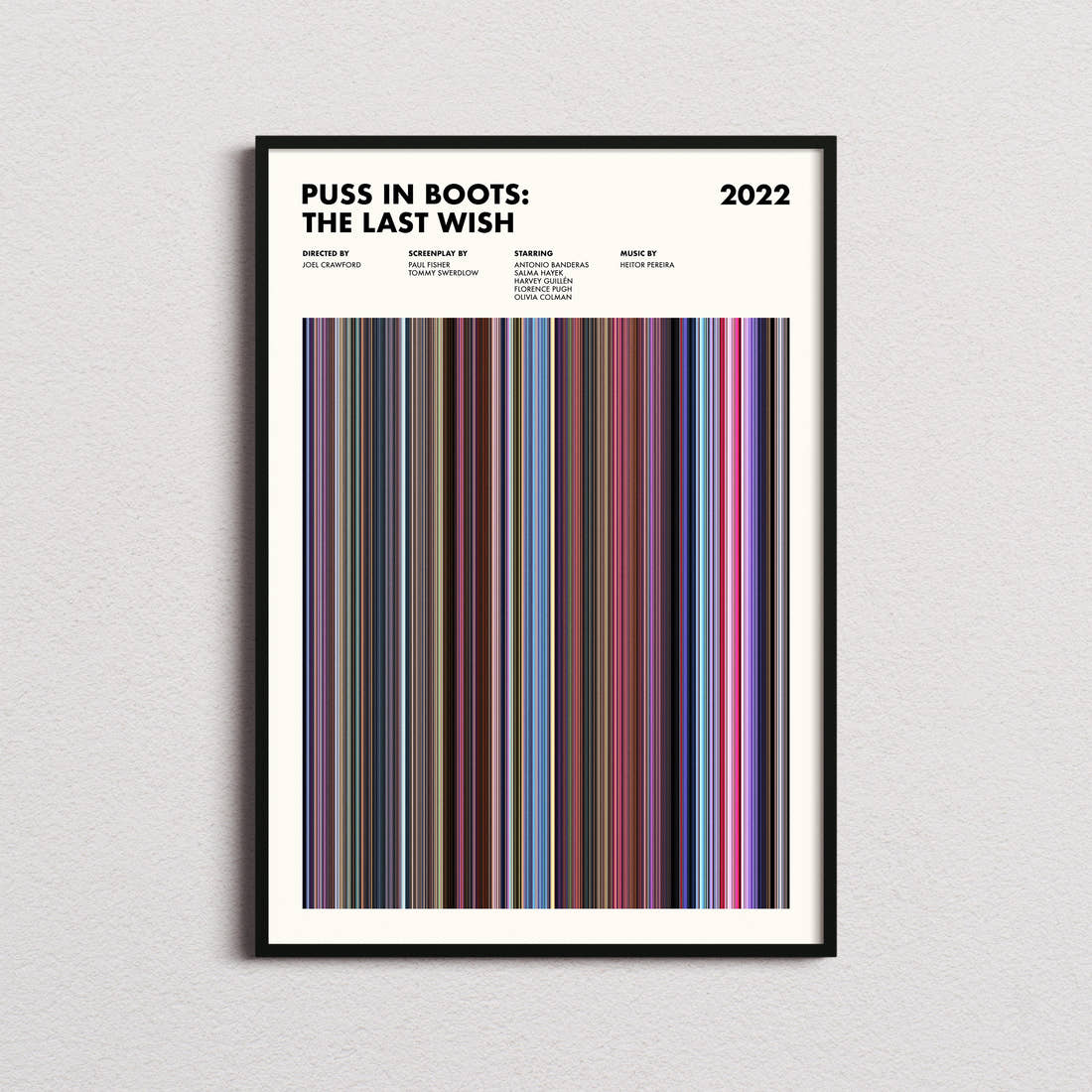 Puss in Boots: The Last Wish Movie Barcode Poster framed on a plain studio wall