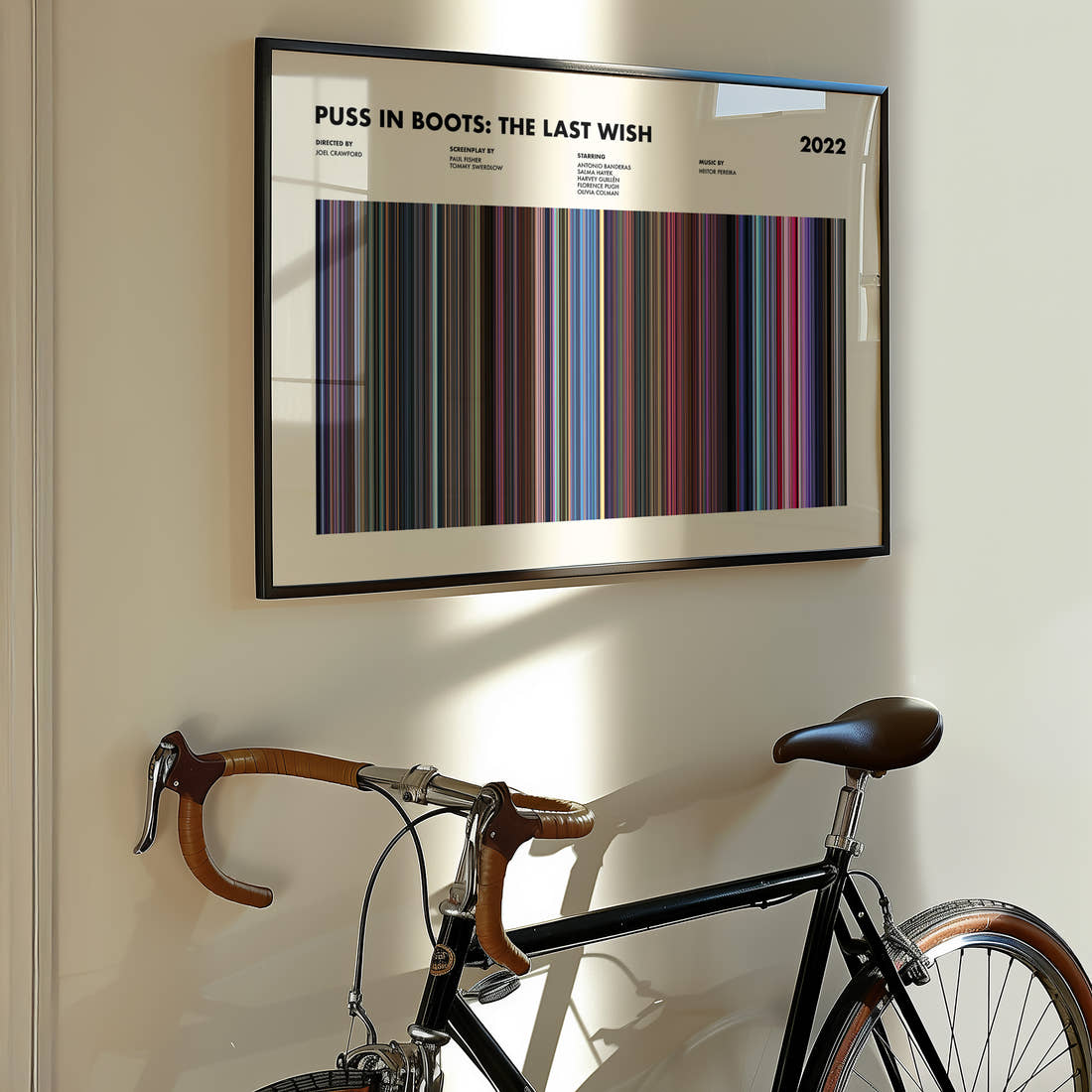 Puss in Boots: The Last Wish Movie Barcode Poster framed on the wall of a styled room setting