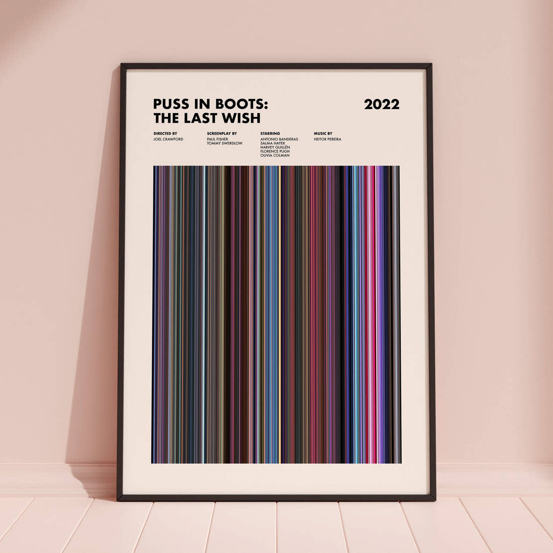 Puss in Boots: The Last Wish Movie Barcode Poster framed and leaning against a coloured wall