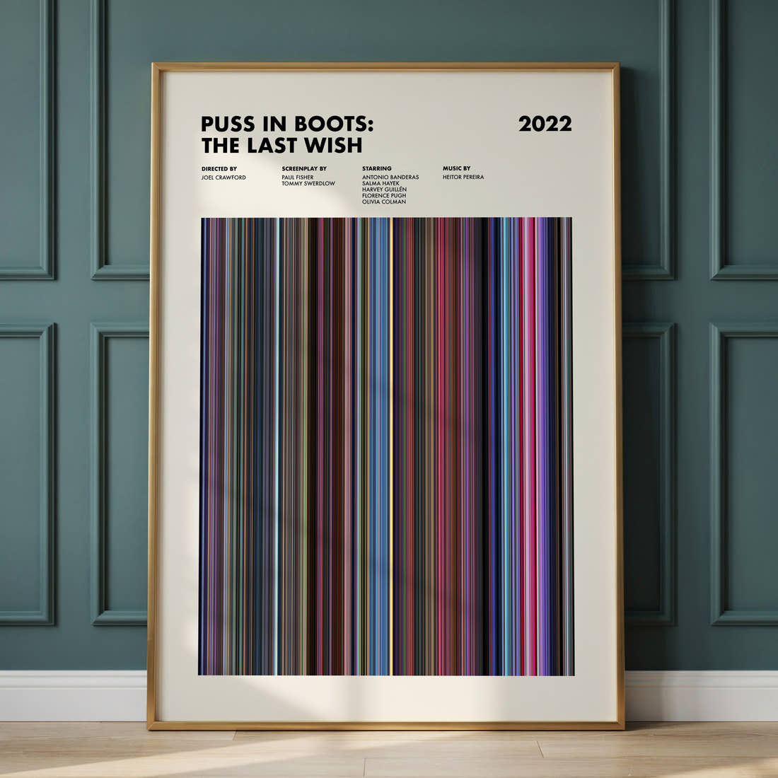 Puss in Boots: The Last Wish Movie Barcode Poster framed and leaning against a panelled wall