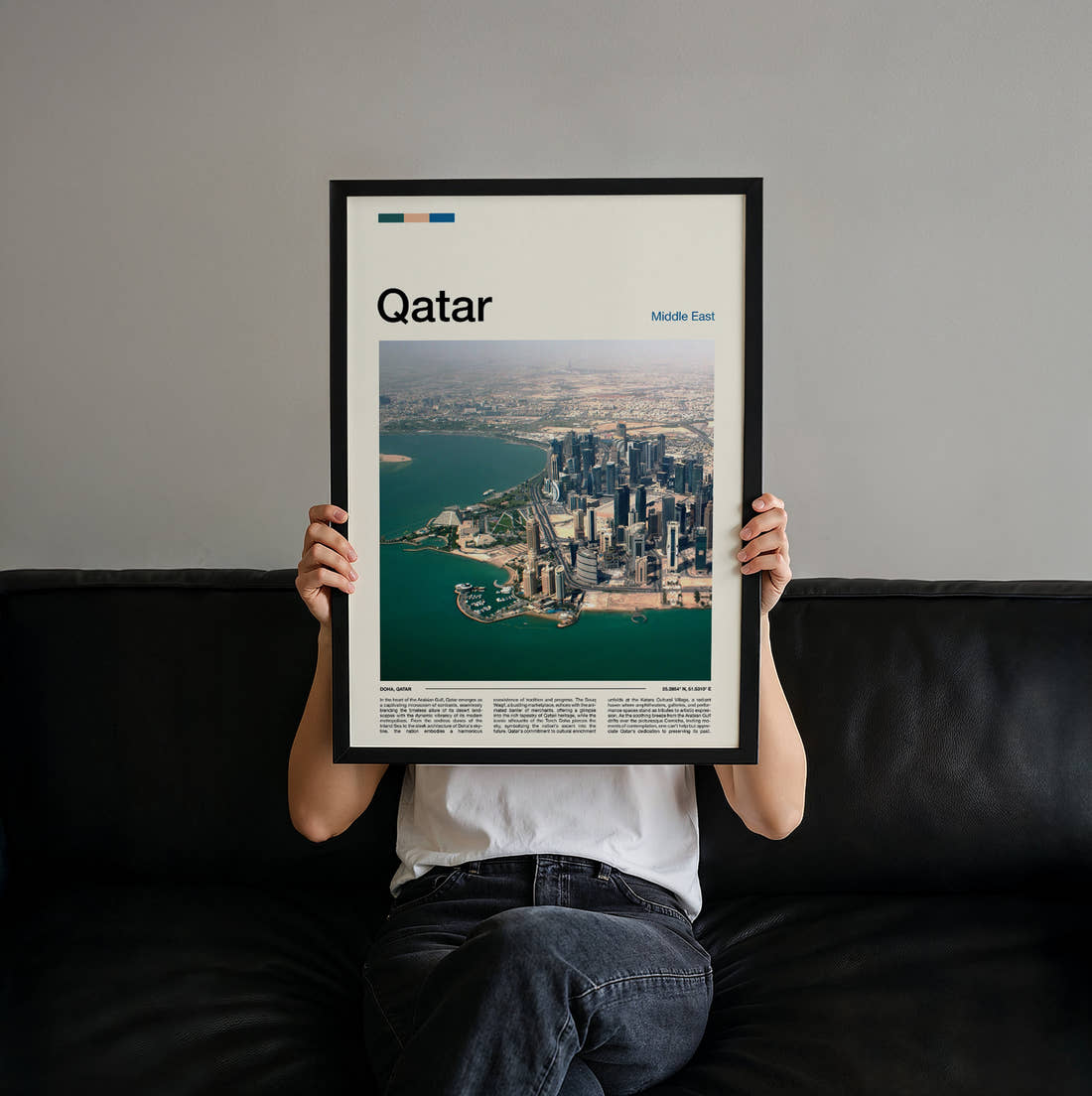 Qatar Aerial View Of Skyline Travel Print held up by hand to show the size of the print