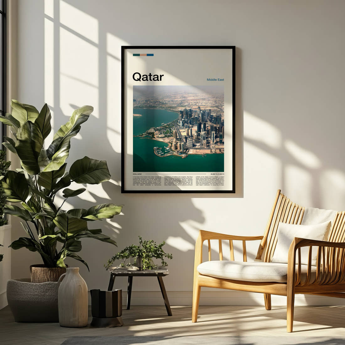 Qatar Aerial View Of Skyline Travel Print framed on a pale wall beside houseplants