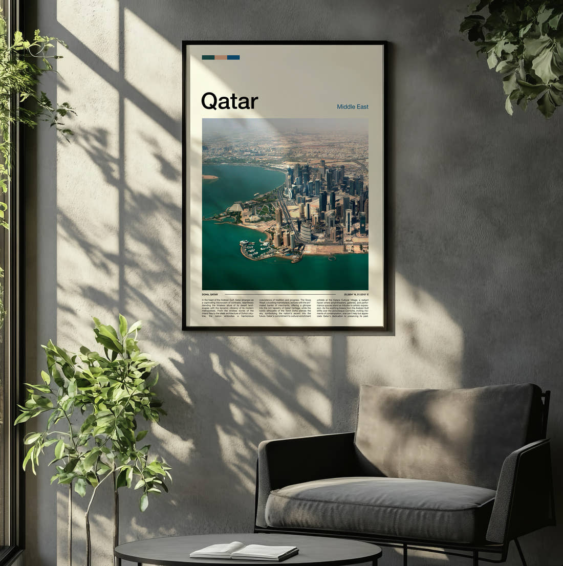 Qatar Aerial View Of Skyline Travel Print framed on the wall of a relaxed living room
