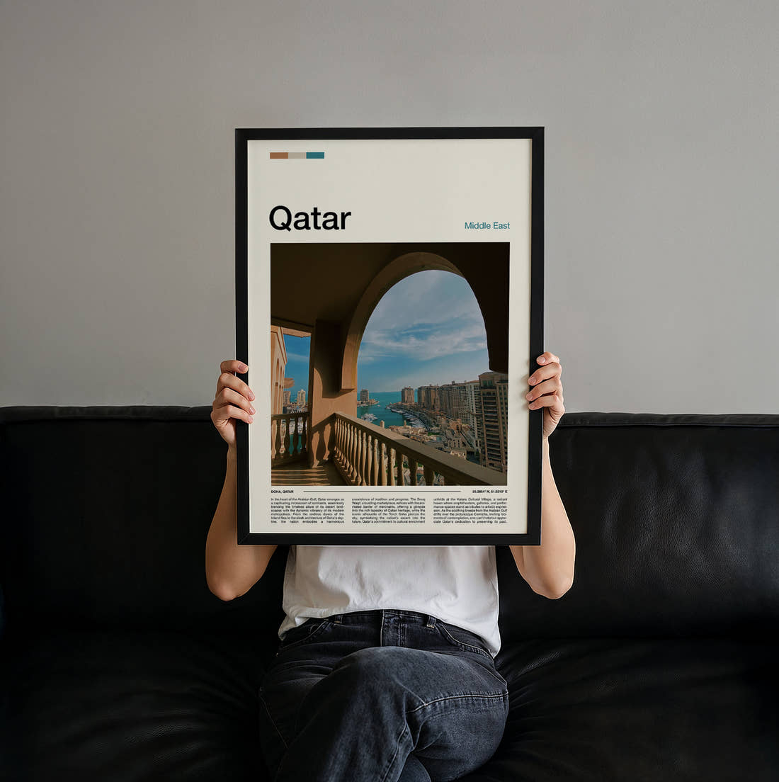 Qatar View From A Balcony Travel Print held up by hand to show the size of the print