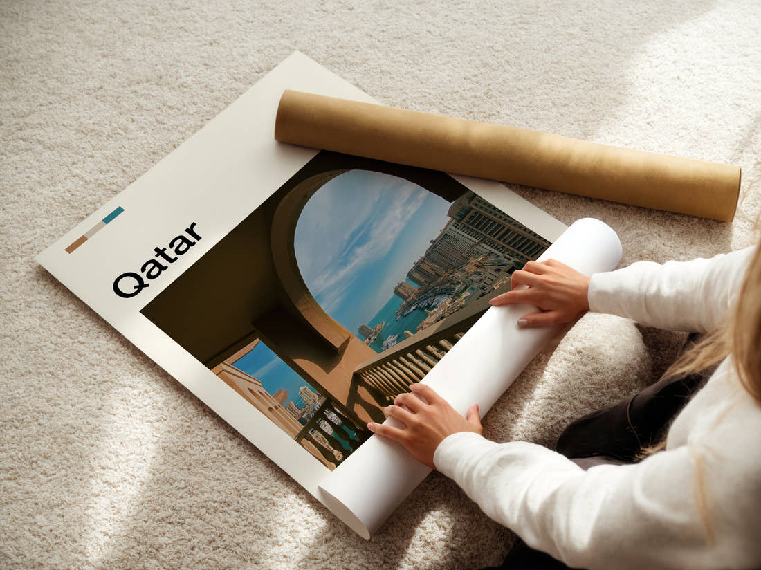 Qatar View From A Balcony Travel Print being unrolled from its postal tube