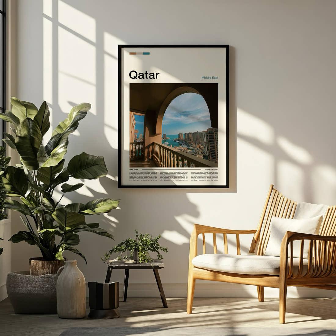 Qatar View From A Balcony Travel Print framed on a pale wall beside houseplants