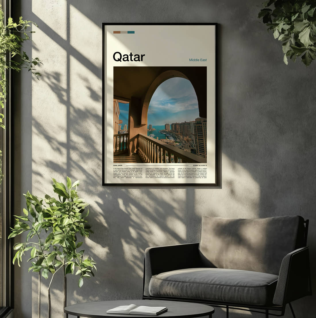 Qatar View From A Balcony Travel Print framed on the wall of a relaxed living room