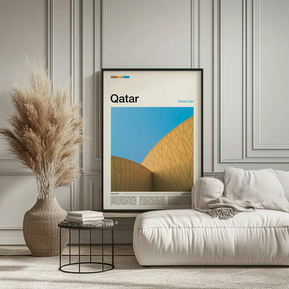 Qatar Curved Golden Facade Travel Print framed on the wall of a calm, neutral bedroom