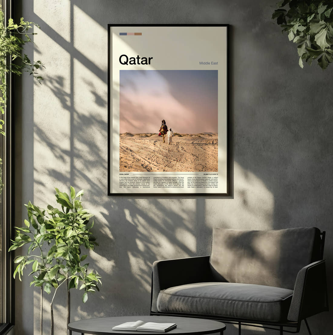 Qatar Camel Rider On Dunes Travel Print framed on the wall of a relaxed living room
