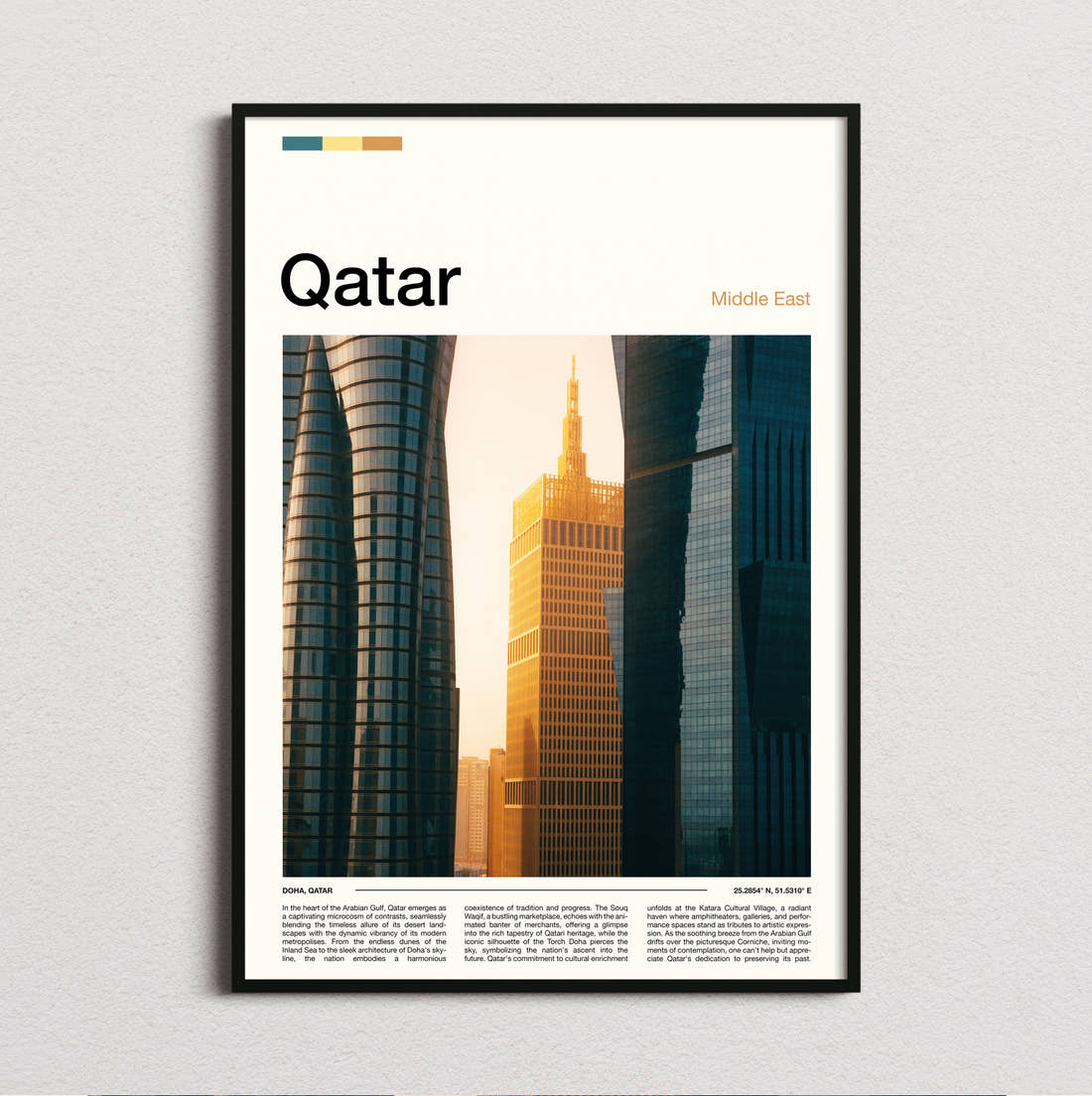 Qatar Golden Skyscraper Travel Print framed and photographed straight on