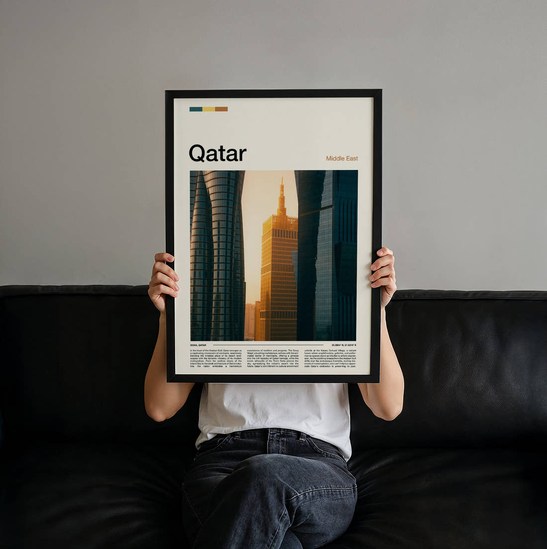 Qatar Golden Skyscraper Travel Print held up by hand to show the size of the print