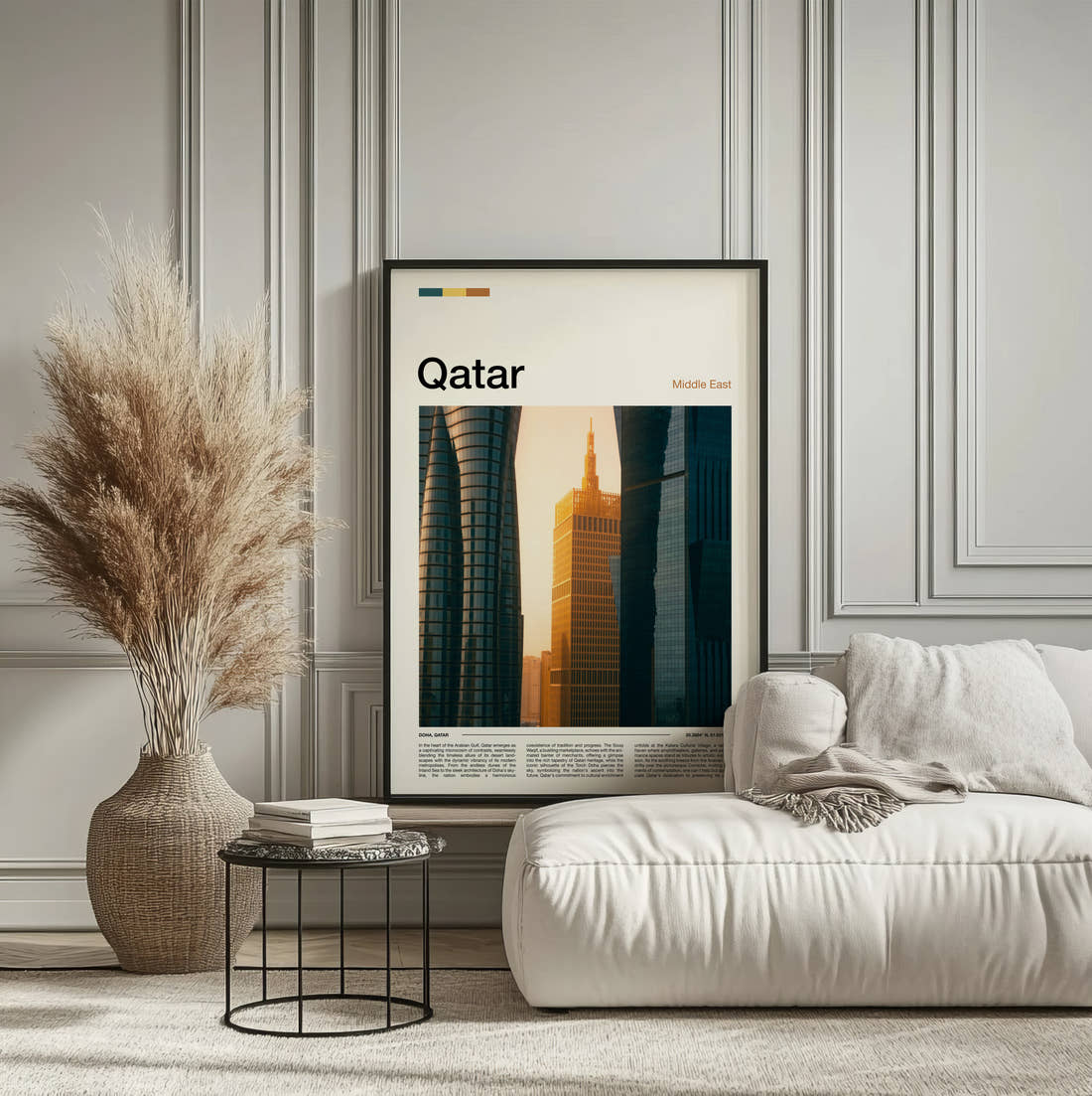Qatar Golden Skyscraper Travel Print framed on the wall of a calm, neutral bedroom