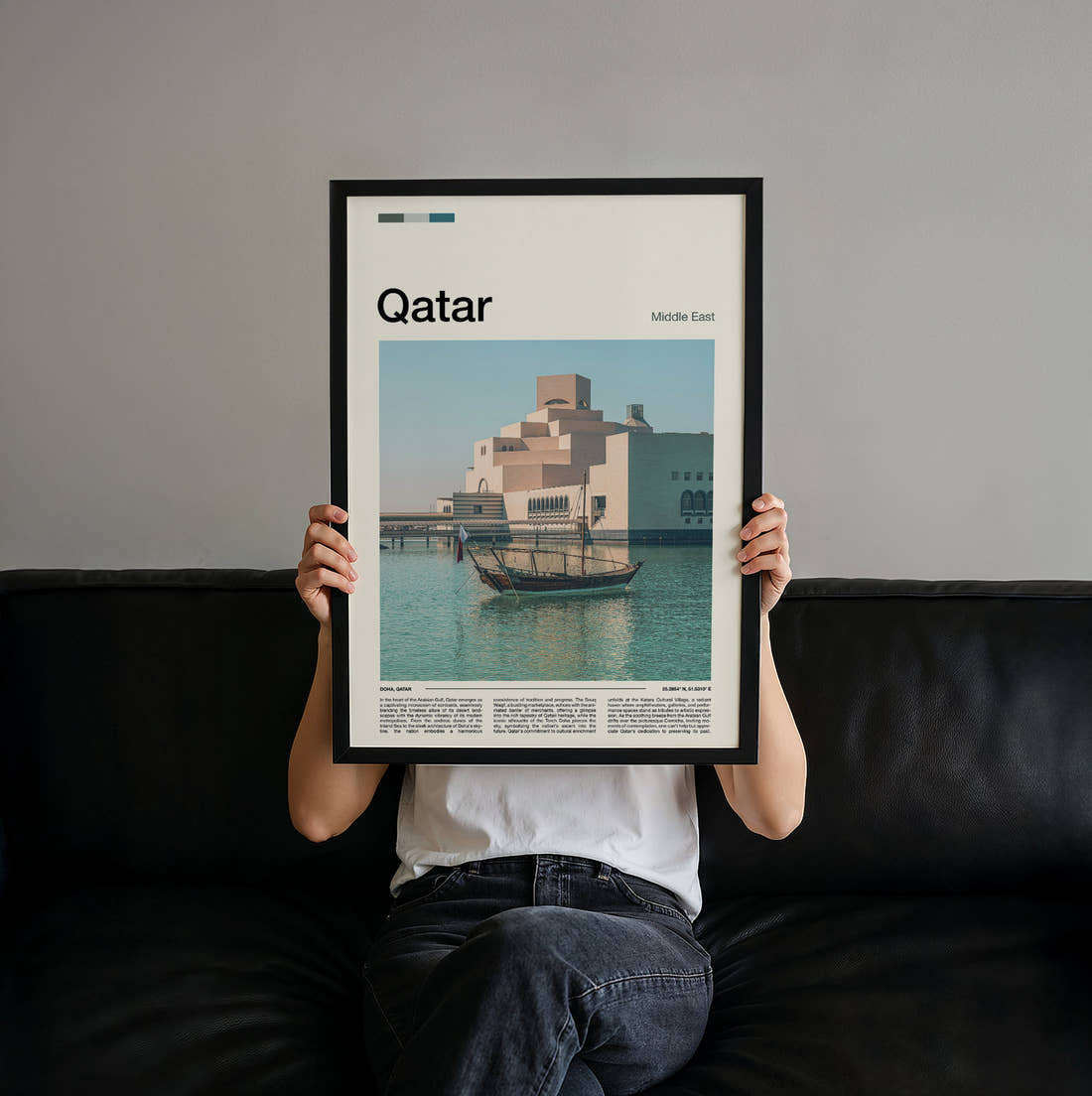 Qatar Museum Of Islamic Art Travel Print held up by hand to show the size of the print