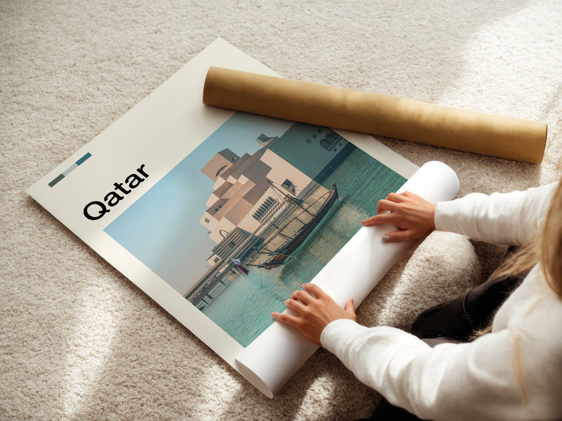 Qatar Museum Of Islamic Art Travel Print being unrolled from its postal tube