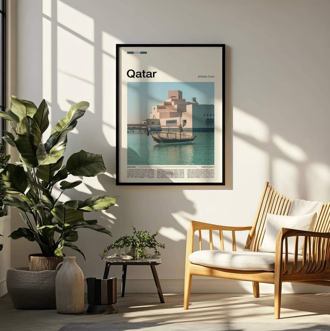 Qatar Museum Of Islamic Art Travel Print framed on a pale wall beside houseplants