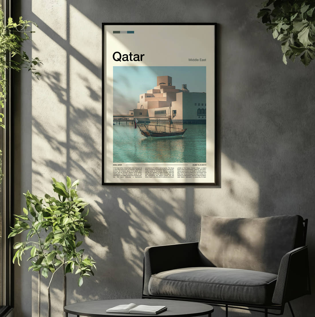Qatar Museum Of Islamic Art Travel Print framed on the wall of a relaxed living room