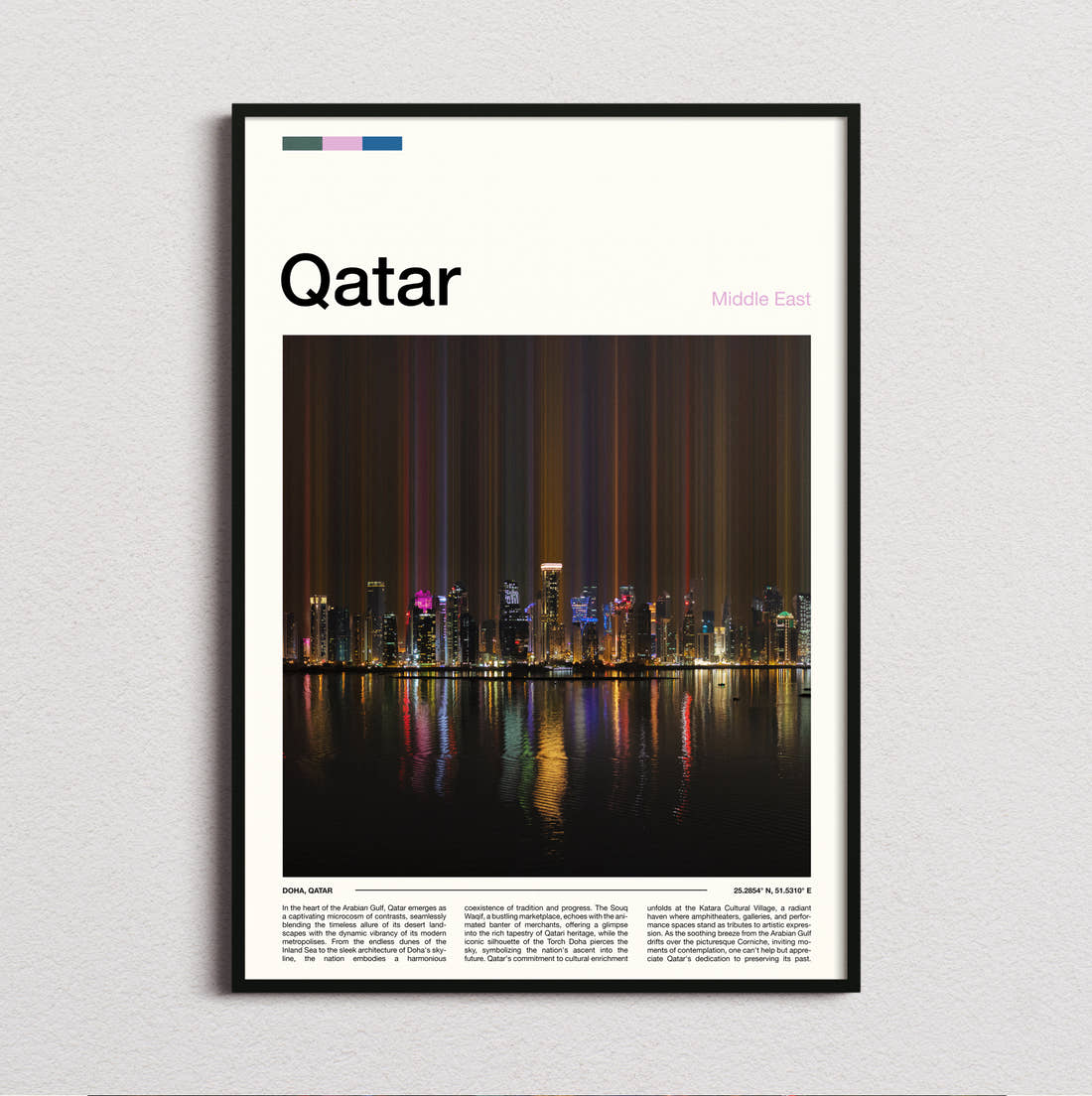 Qatar Skyline Lights Reflected Travel Print framed and photographed straight on