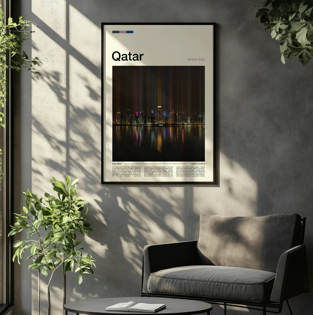 Qatar Skyline Lights Reflected Travel Print framed on the wall of a relaxed living room