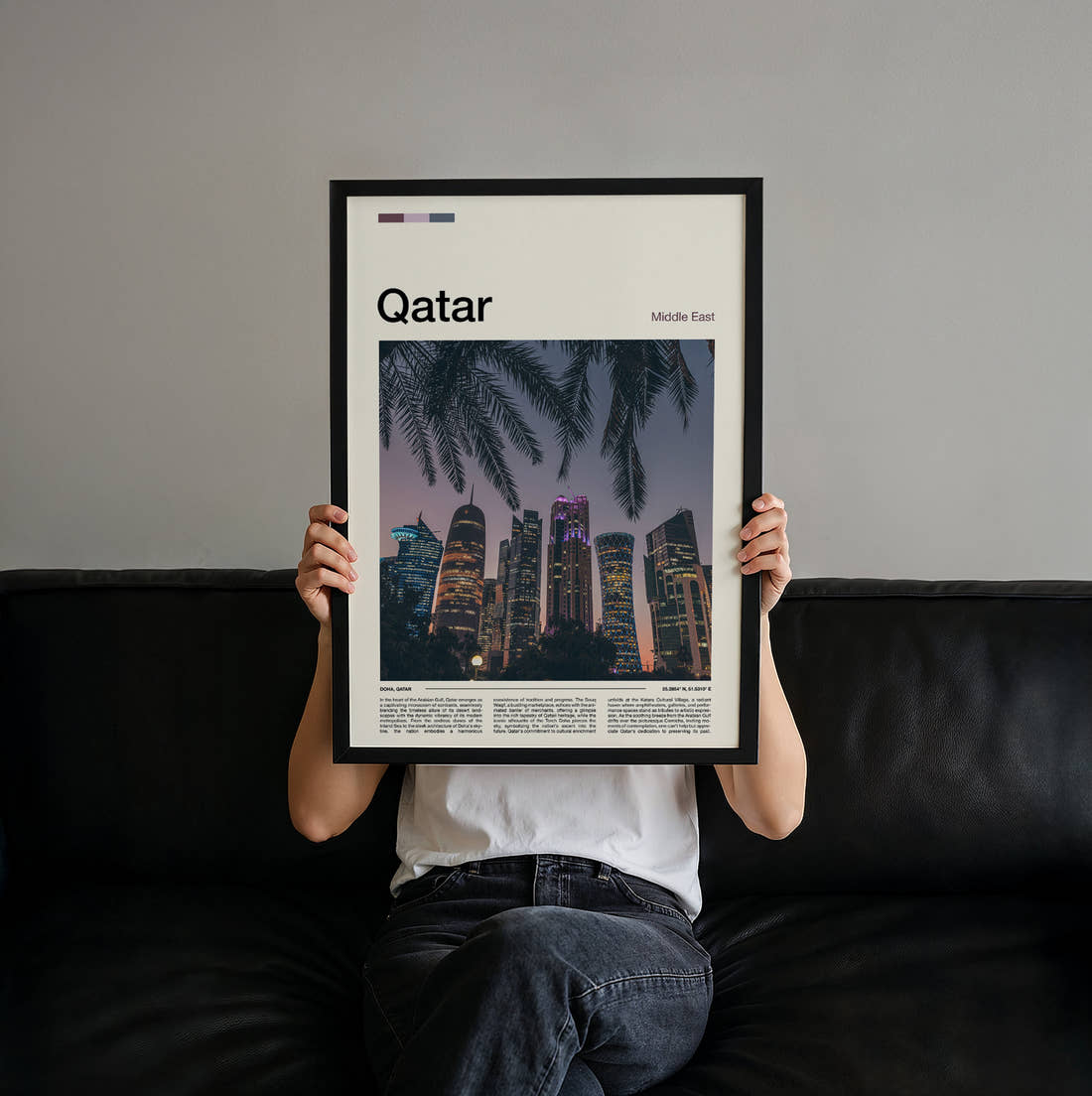 Qatar Skyscrapers And Palm Fronds Travel Print held up by hand to show the size of the print