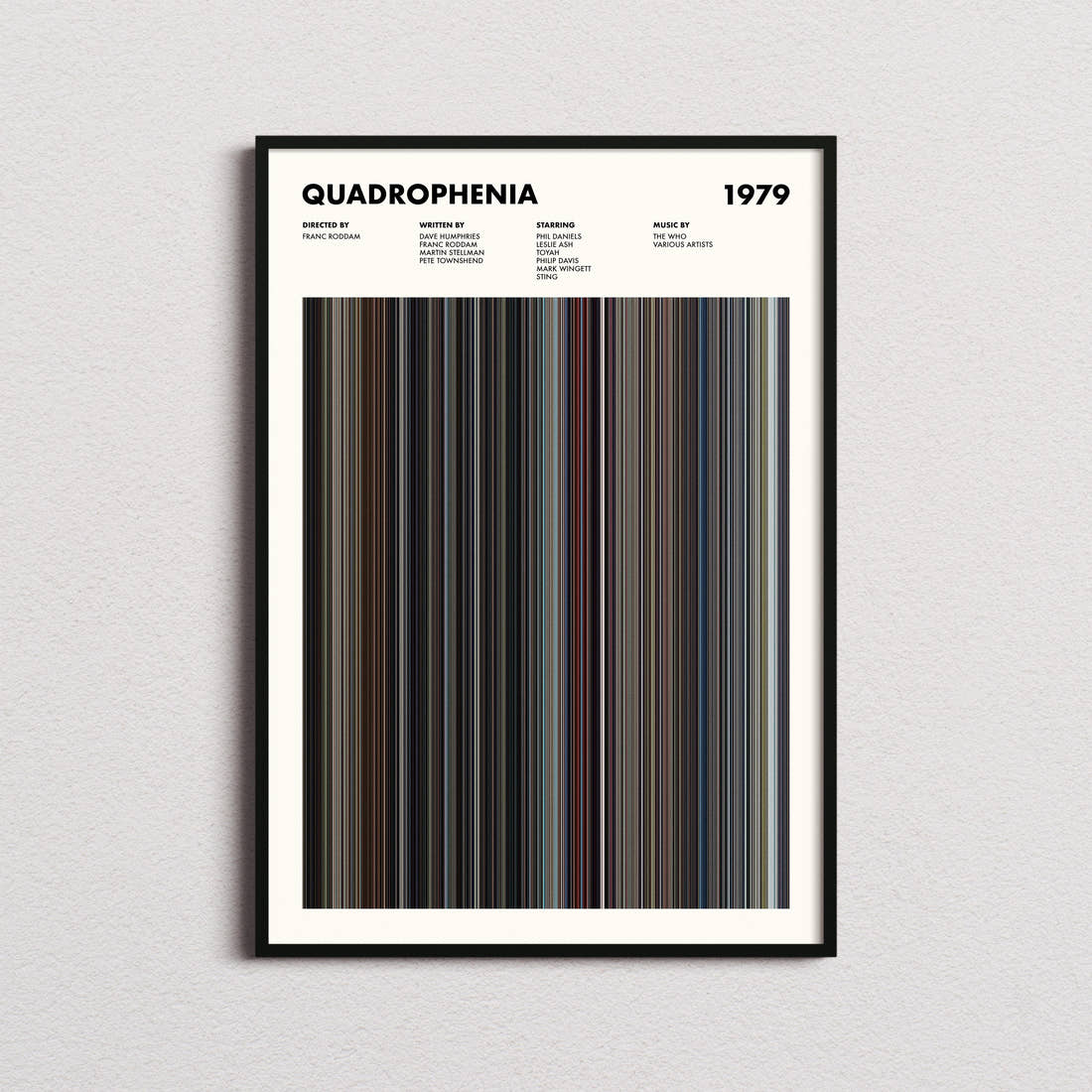 Quadrophenia Movie Barcode Poster framed on a plain studio wall