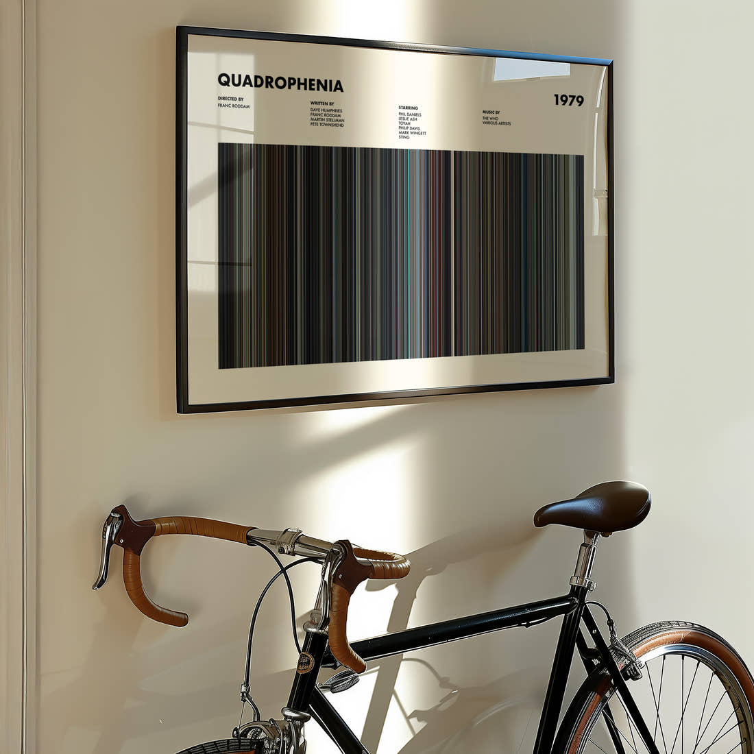 Quadrophenia Movie Barcode Poster framed on the wall of a styled room setting