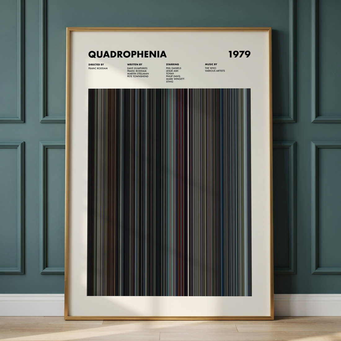 Quadrophenia Movie Barcode Poster framed and leaning against a panelled wall