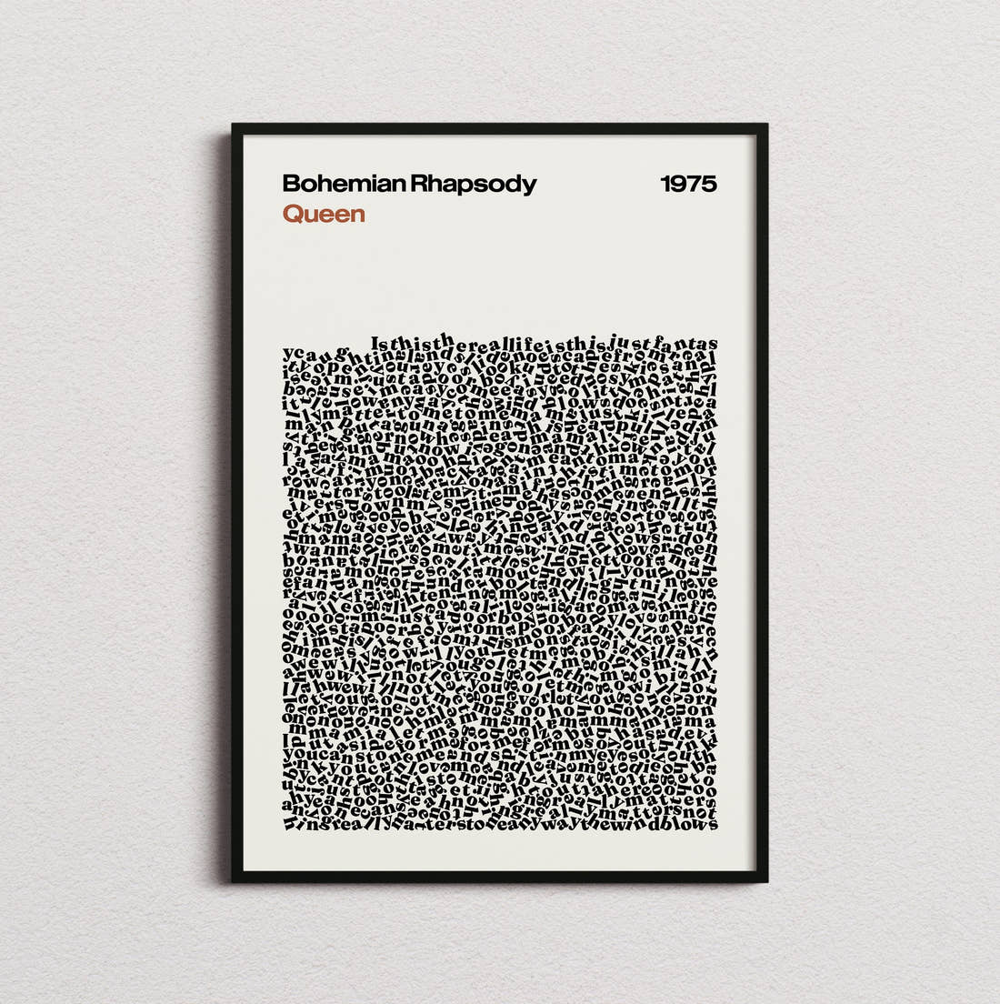 Queen Bohemian Rhapsody Lyric Print in the cream colourway, framed