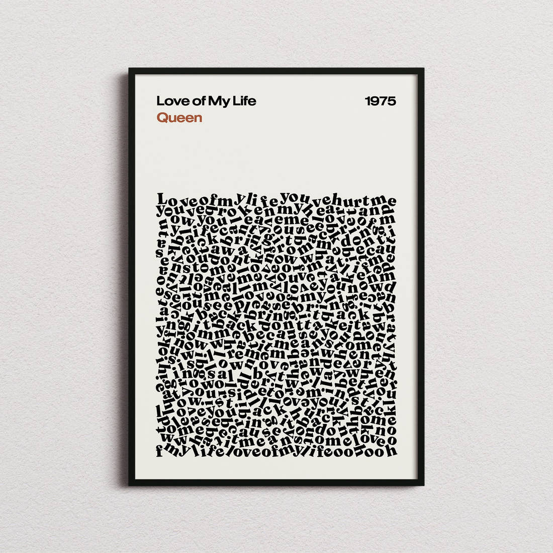 Queen Love of My Life Lyric Print in the cream colourway, framed