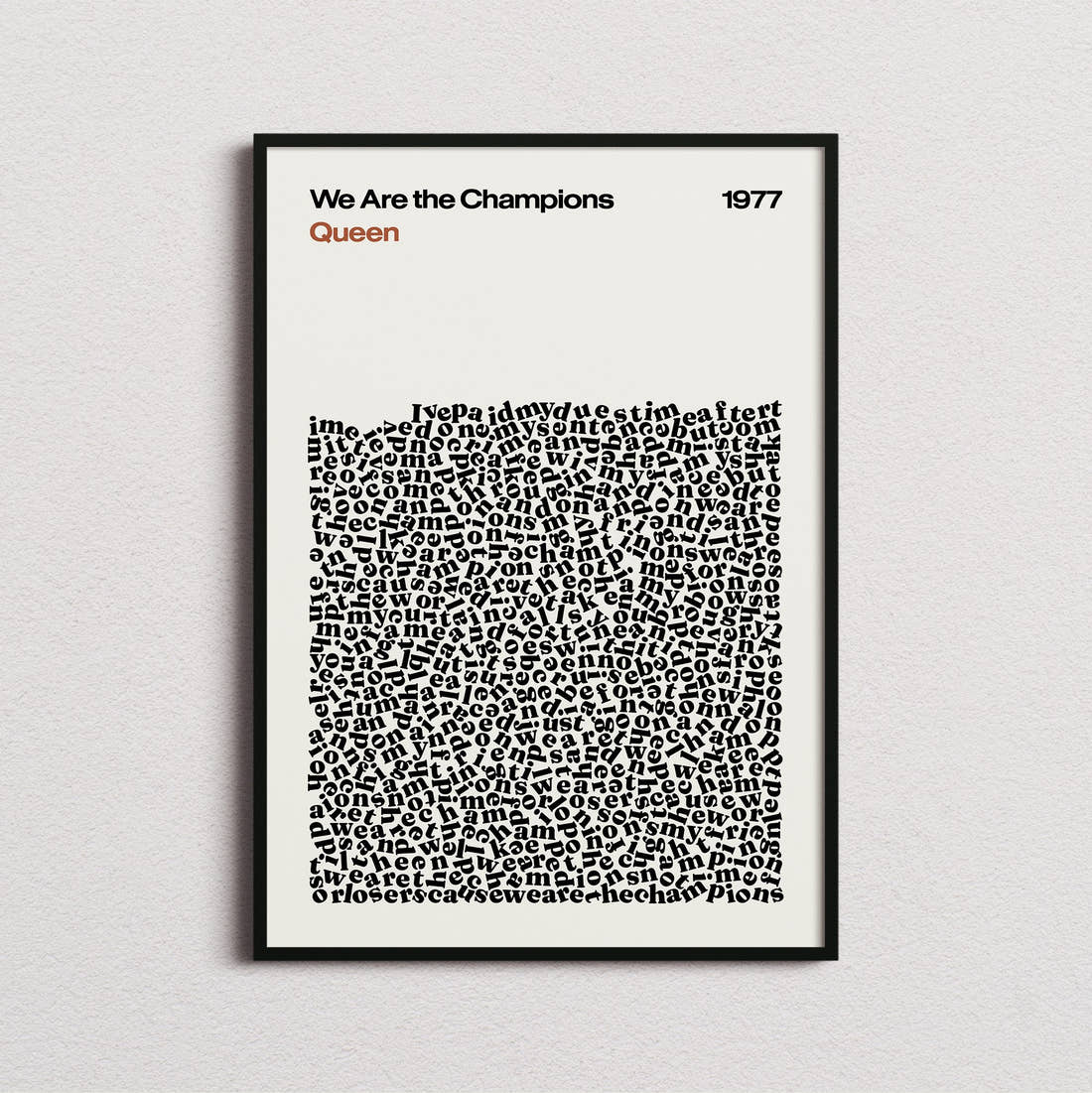 Queen We Are the Champions Lyric Print in the cream colourway, framed