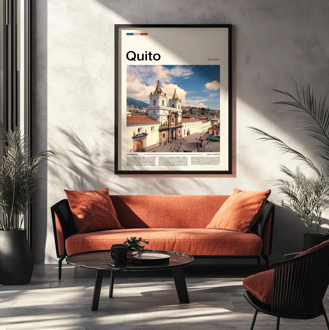 Quito Colonial Church Travel Print framed on the wall of a modern living room